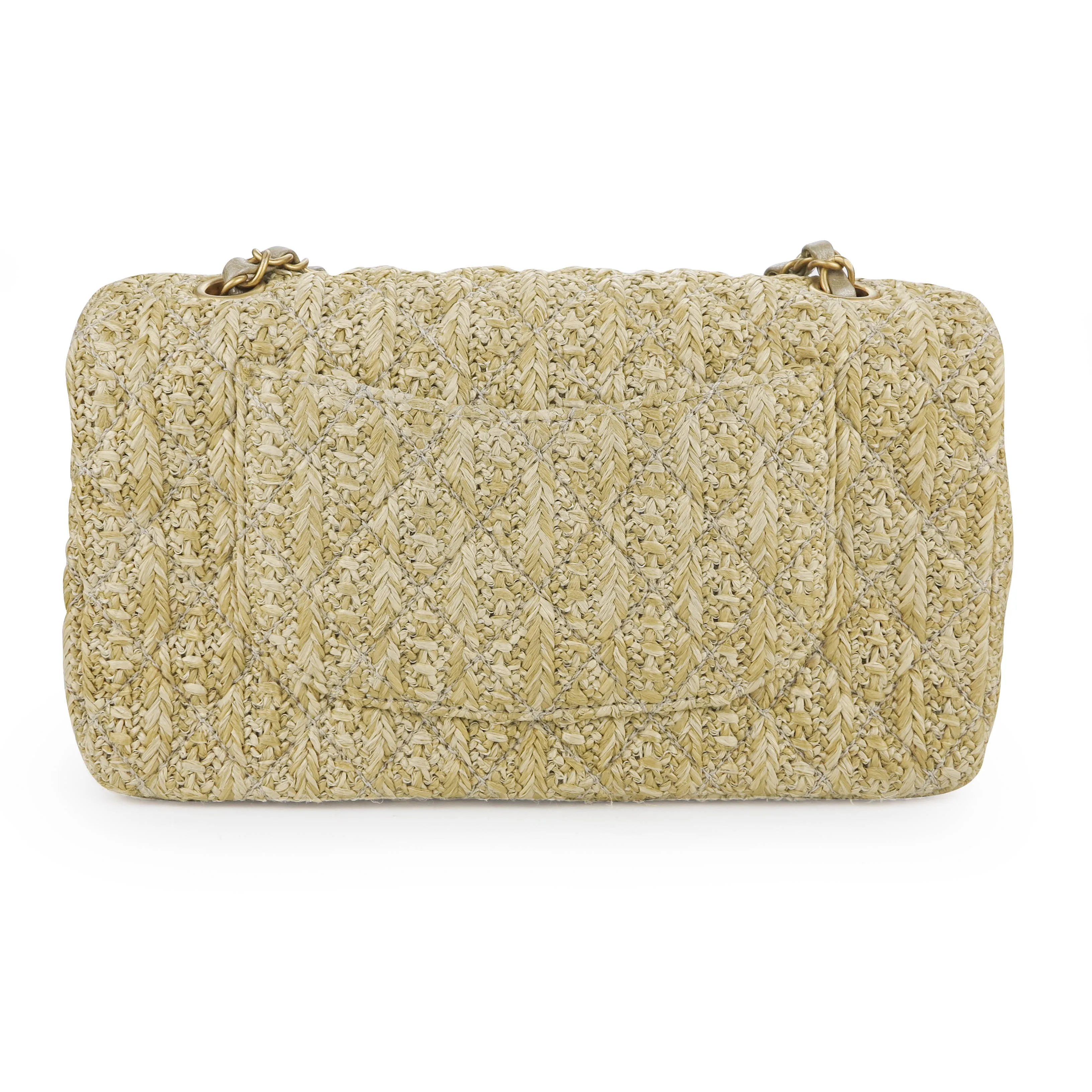 Raffia Woven Straw Medium Classic Double Flap Bag