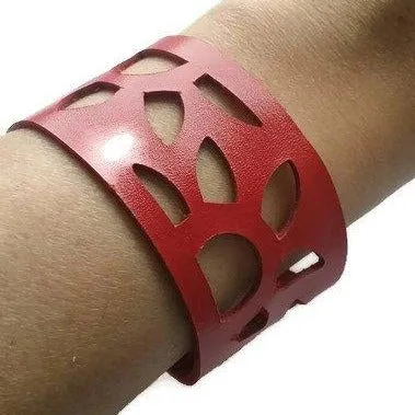Red Sunflower Reclaimed Leather Cuff Bracelet. Repurposed Leather wrist Band