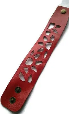 Red Sunflower Reclaimed Leather Cuff Bracelet. Repurposed Leather wrist Band