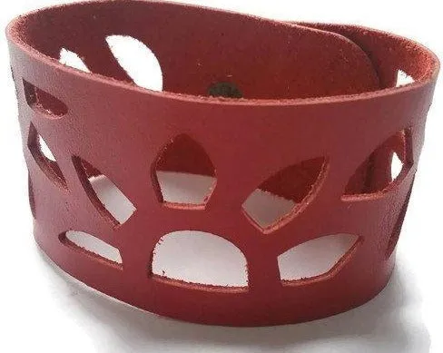 Red Sunflower Reclaimed Leather Cuff Bracelet. Repurposed Leather wrist Band