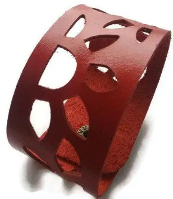 Red Sunflower Reclaimed Leather Cuff Bracelet. Repurposed Leather wrist Band