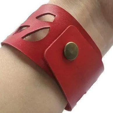 Red Sunflower Reclaimed Leather Cuff Bracelet. Repurposed Leather wrist Band