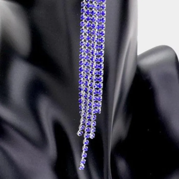 Rhinestone Blue Pave Fringe Silver Evening Earrings