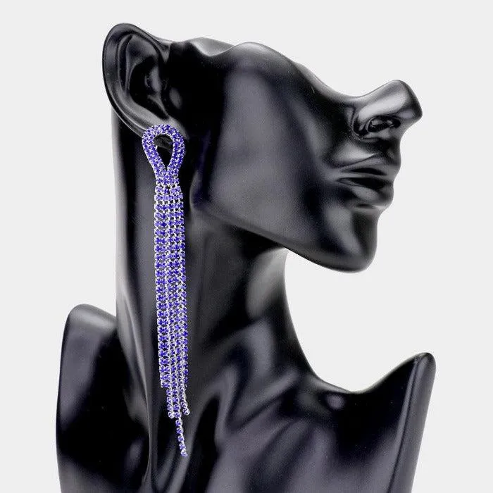 Rhinestone Blue Pave Fringe Silver Evening Earrings