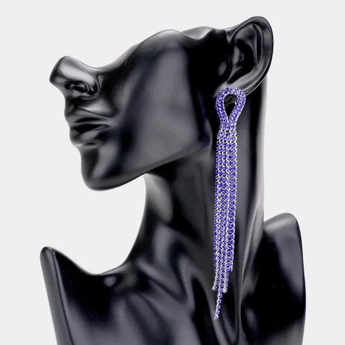 Rhinestone Blue Pave Fringe Silver Evening Earrings