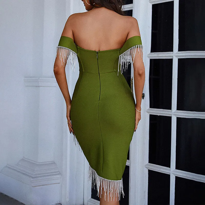Rhinestone Off Shoulder Tassel Design Bodycon Dress