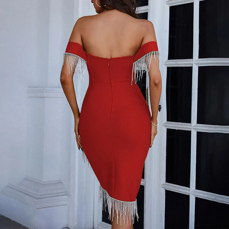Rhinestone Off Shoulder Tassel Design Bodycon Dress