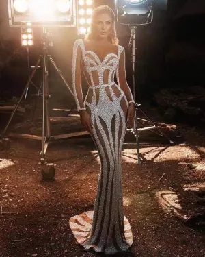 Round Neck Sequined&Mesh Maxi Bodycon Dress HT2688
