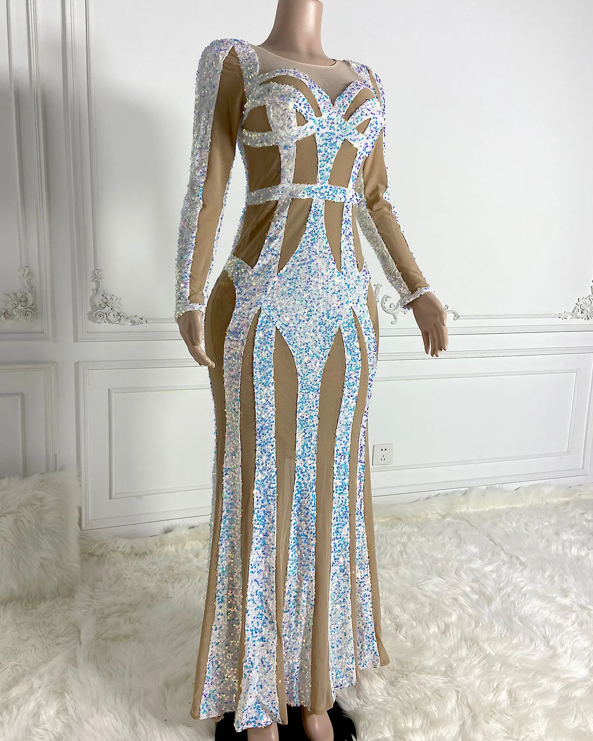 Round Neck Sequined&Mesh Maxi Bodycon Dress HT2688