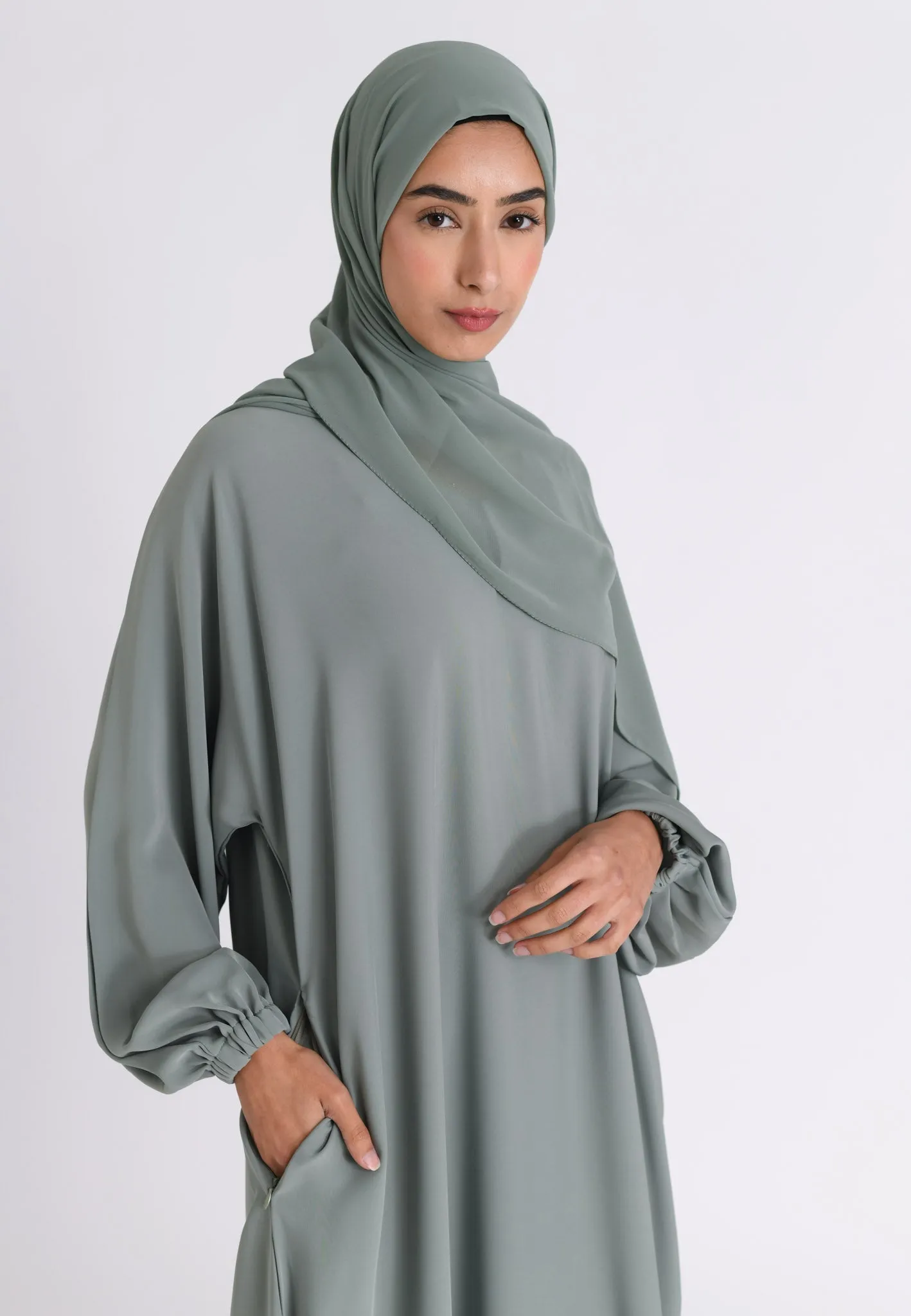 Sage Green Closed Abaya with Zip Pockets & Cuff Sleeves (Premium)