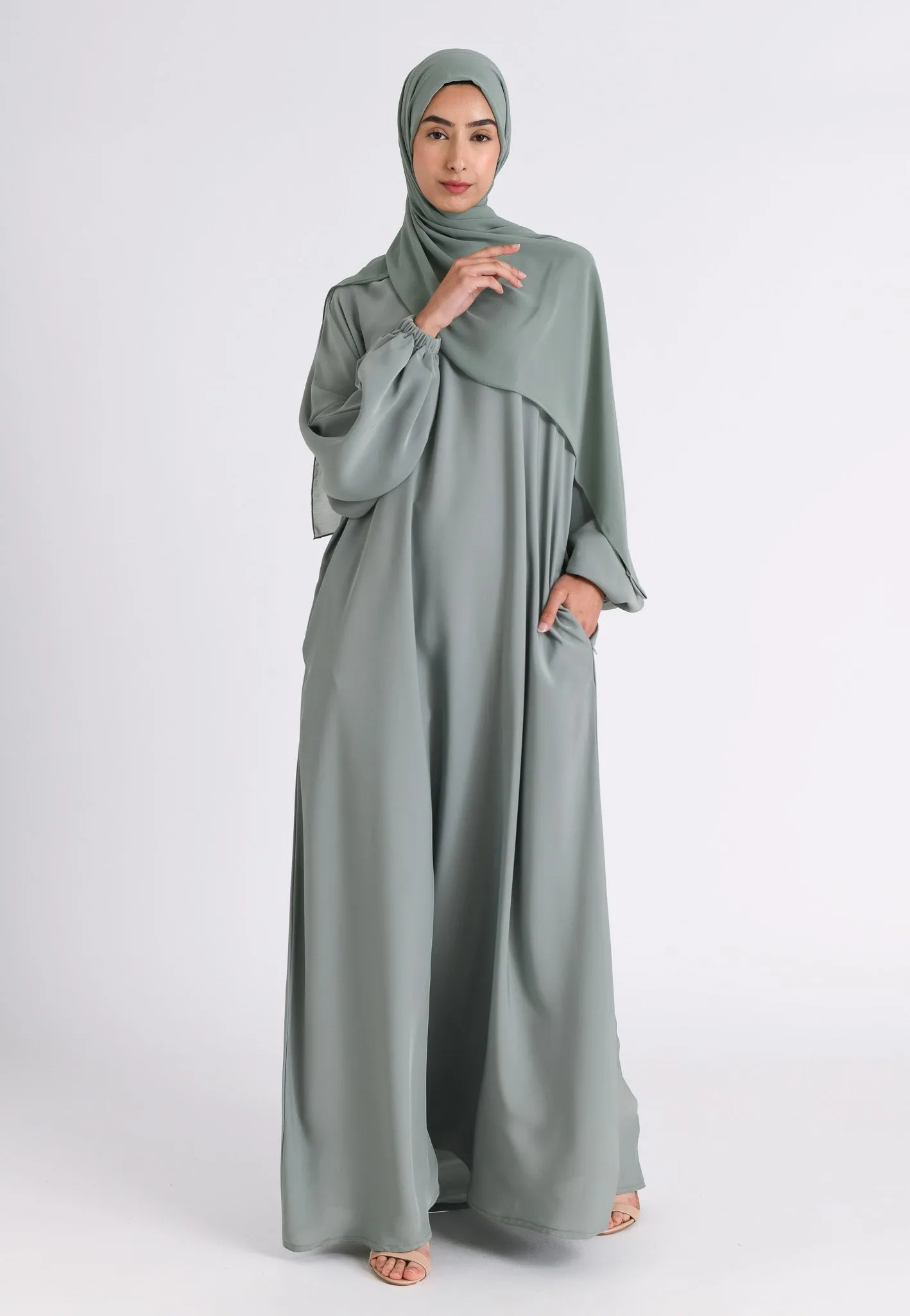 Sage Green Closed Abaya with Zip Pockets & Cuff Sleeves (Premium)