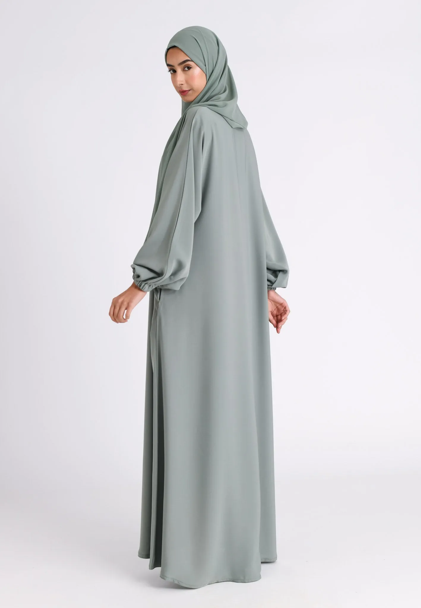 Sage Green Closed Abaya with Zip Pockets & Cuff Sleeves (Premium)