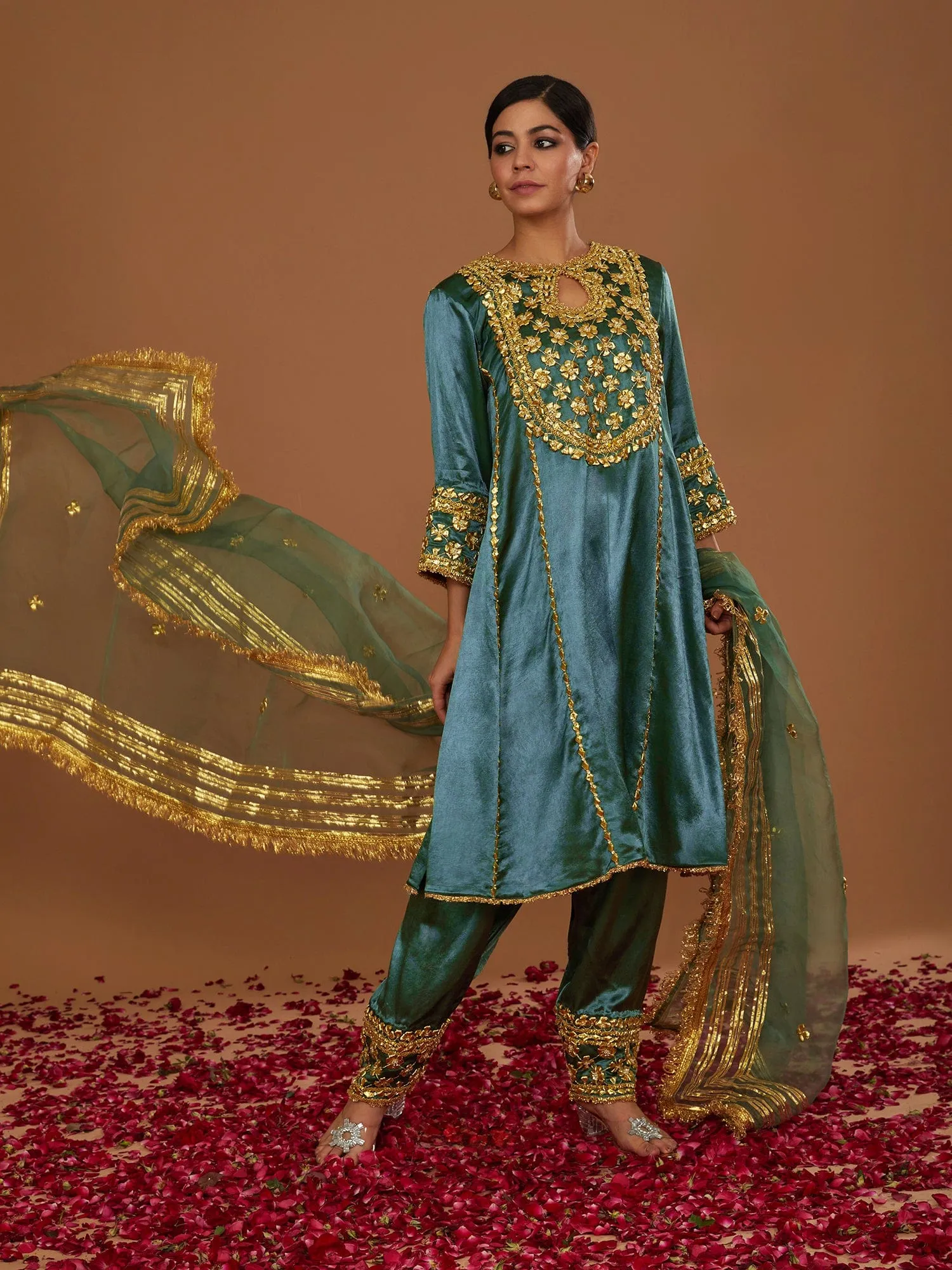 Sap Green Mashru Silk Kurta Salwar with Dupatta