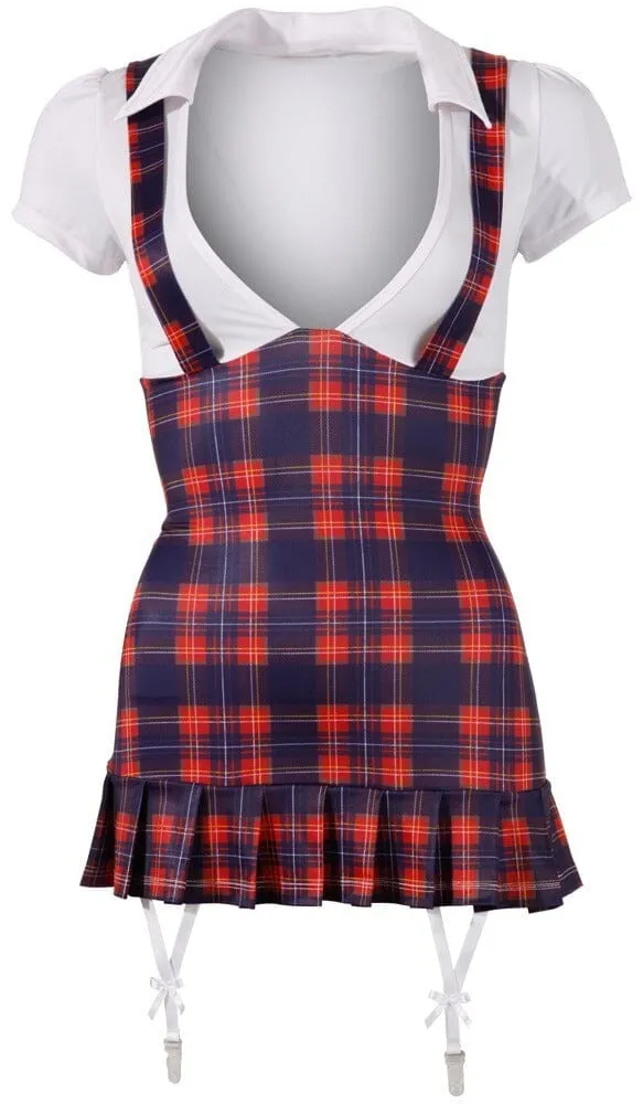 Schoolgirl Costume with Low-Cut Blouse, Pleated Hemline, and Suspender Straps