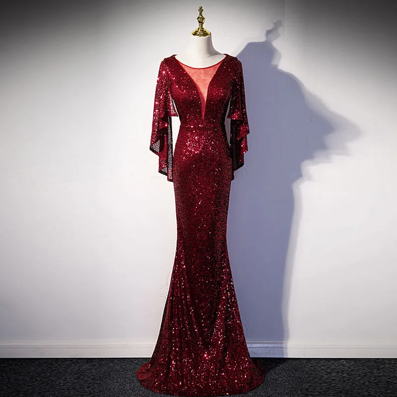 Sequins Deep V-Neck Ruffle Design Floor-Length Evening Dress