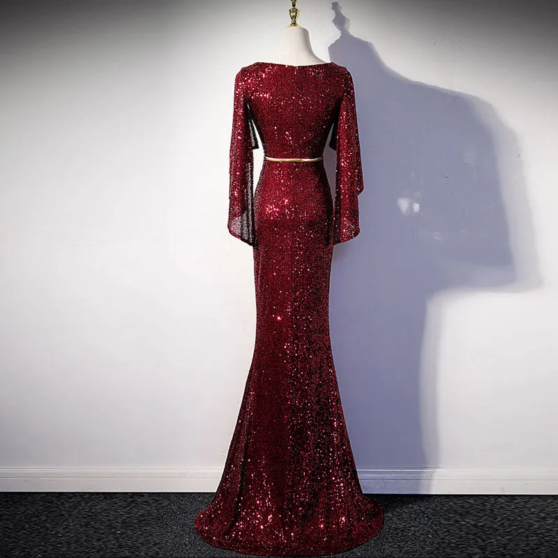 Sequins Deep V-Neck Ruffle Design Floor-Length Evening Dress
