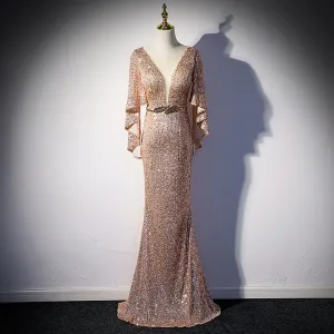 Sequins Deep V-Neck Ruffle Design Floor-Length Evening Dress