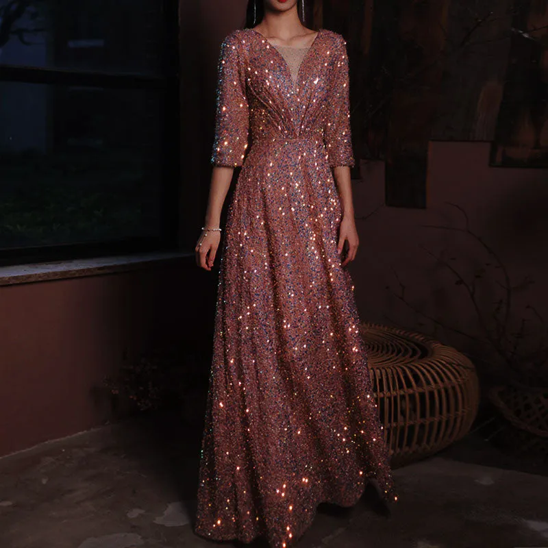 Sequins Half Sleeve Floor-Length Dress