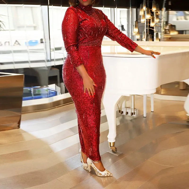 Sequins Long Sleeve Pencil Maxi Dress
