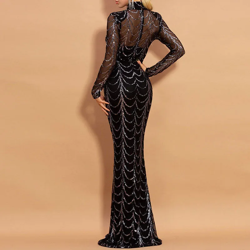 Sequins Long Sleeve Sheer Mesh Patchwork Floor Length Dress