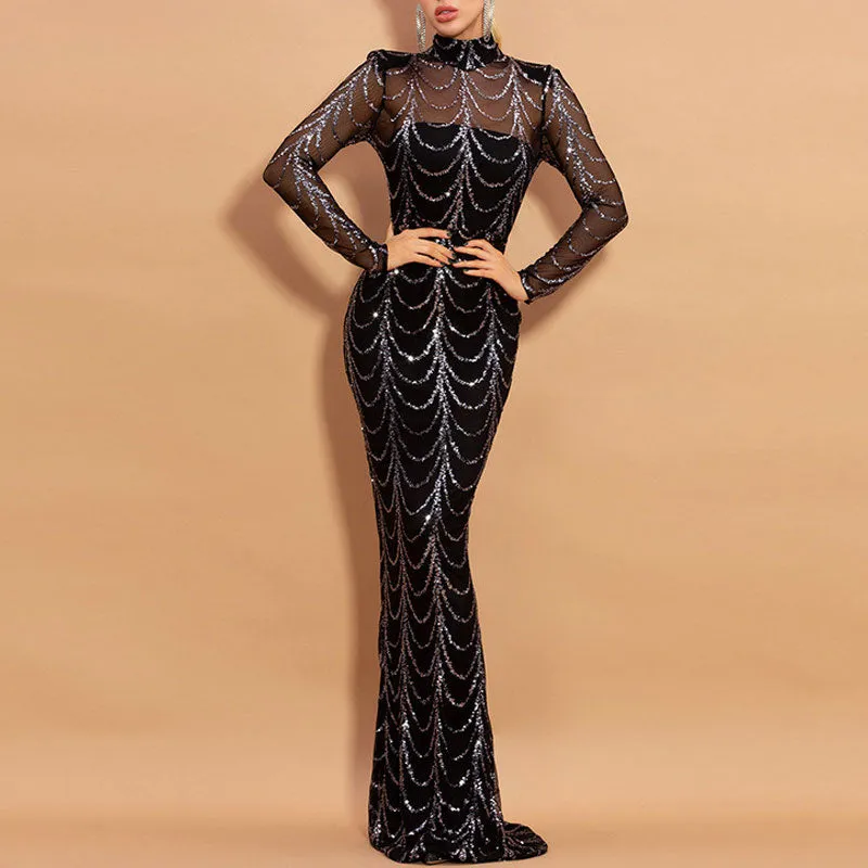 Sequins Long Sleeve Sheer Mesh Patchwork Floor Length Dress