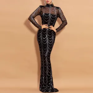 Sequins Long Sleeve Sheer Mesh Patchwork Floor Length Dress
