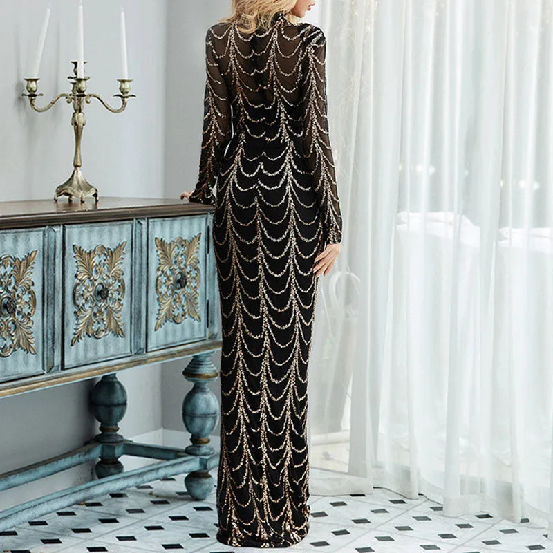 Sequins Long Sleeve Sheer Mesh Patchwork Floor Length Dress