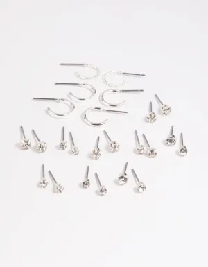 Silver Diamante Stud & Hoop Earring 12-Pack