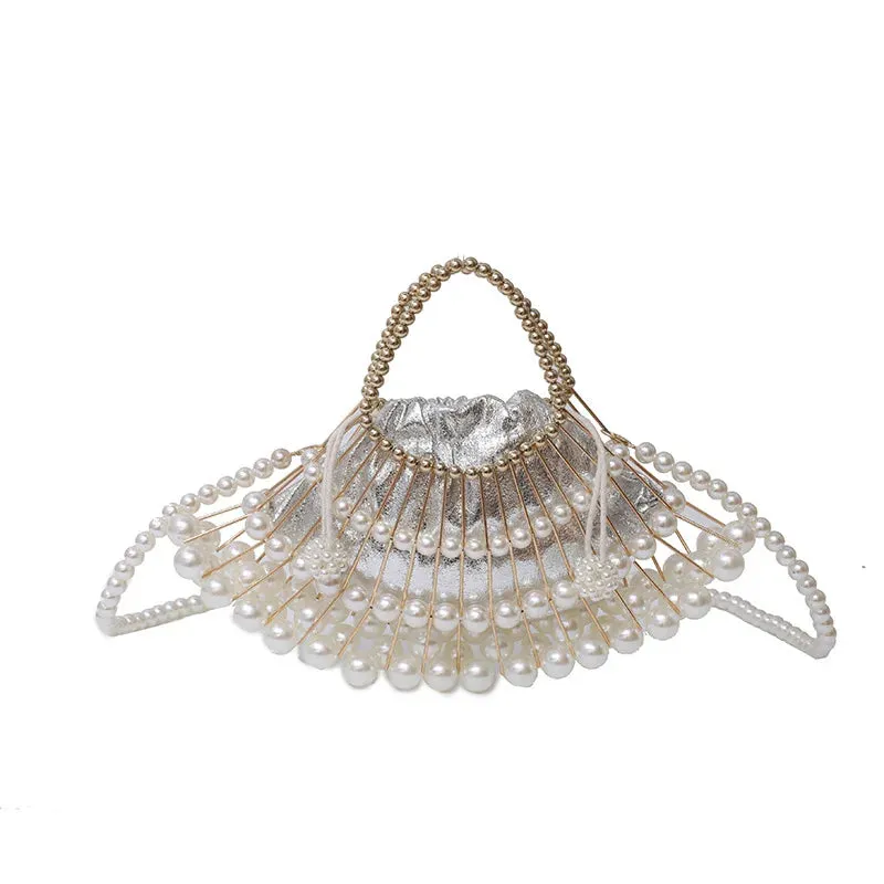 Silver Pearl Evening Clutch Bag Luxury Designer Handbag Purse For Women Female Hollow Out Shoulder Crossbody Bag Party Wedding
