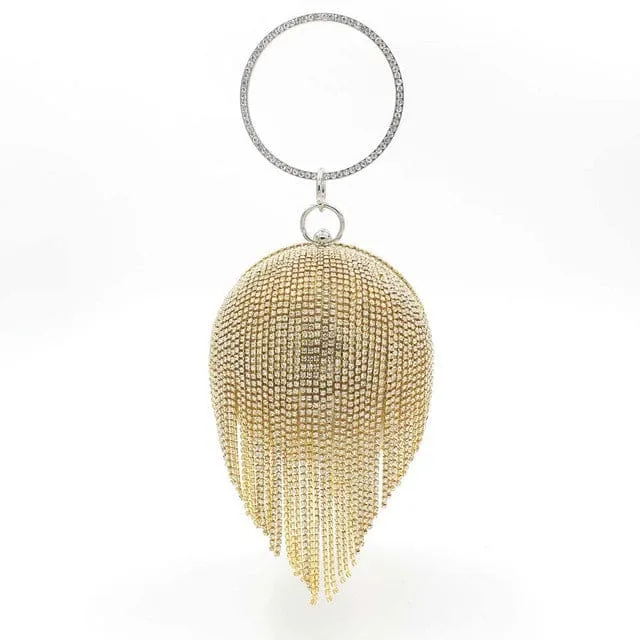 Sliver Diamonds Rhinestone Round Ball Mini Tassels Party Bags For Women