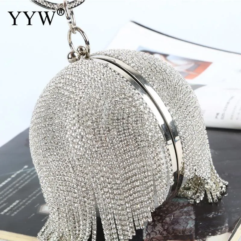 Sliver Diamonds Rhinestone Round Ball Mini Tassels Party Bags For Women