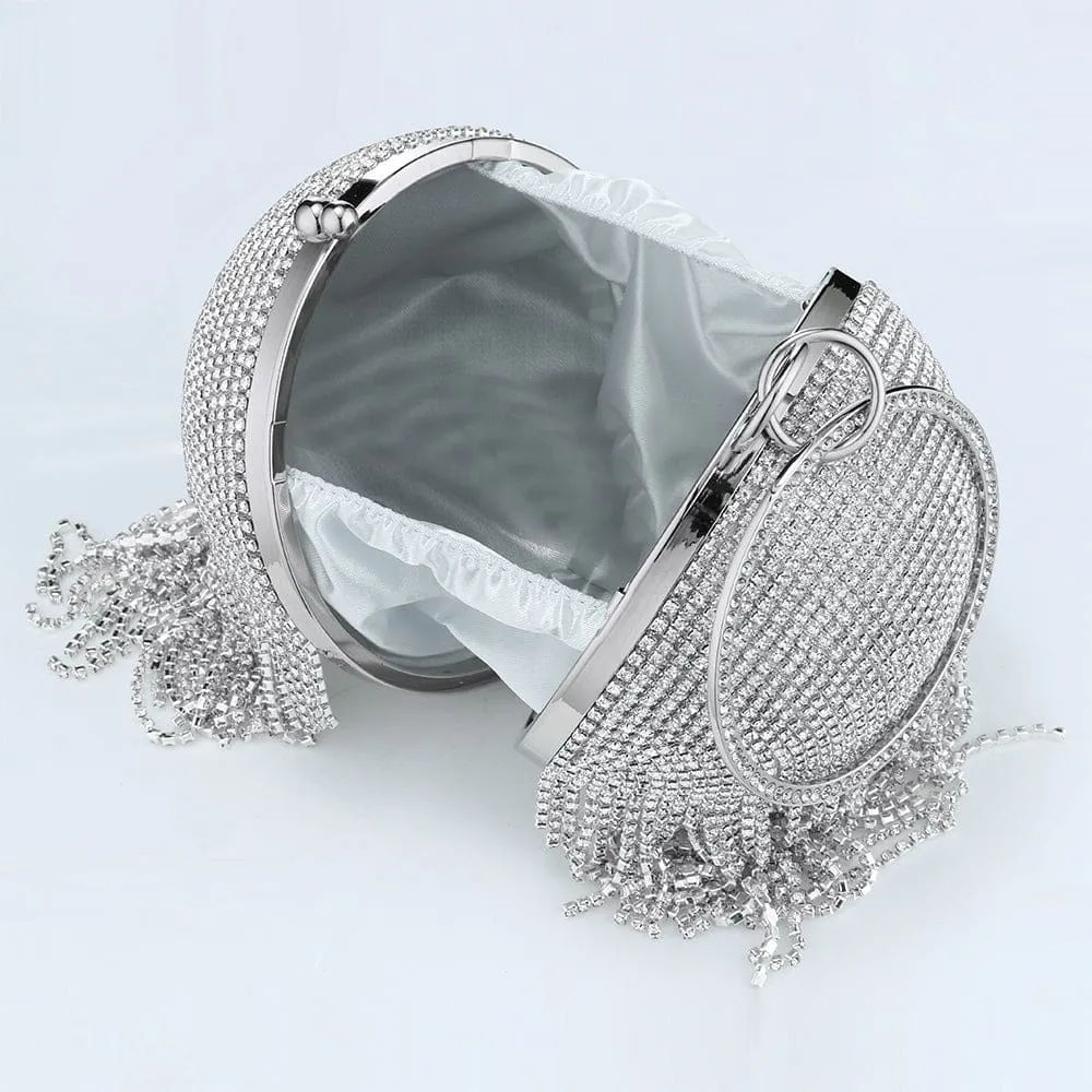 Sliver Diamonds Rhinestone Round Ball Mini Tassels Party Bags For Women