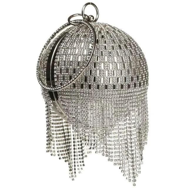 Sliver Diamonds Rhinestone Round Ball Mini Tassels Party Bags For Women