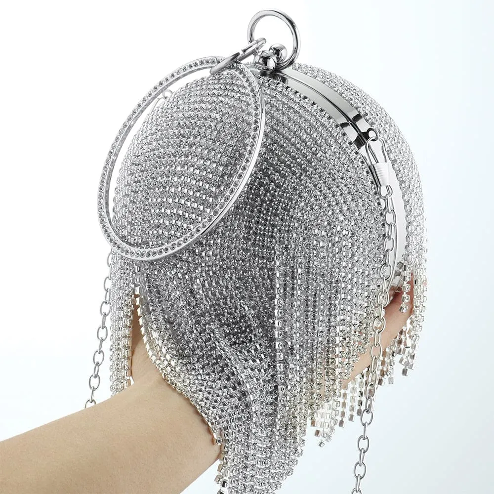Sliver Diamonds Rhinestone Round Ball Mini Tassels Party Bags For Women