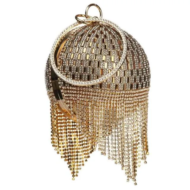 Sliver Diamonds Rhinestone Round Ball Mini Tassels Party Bags For Women