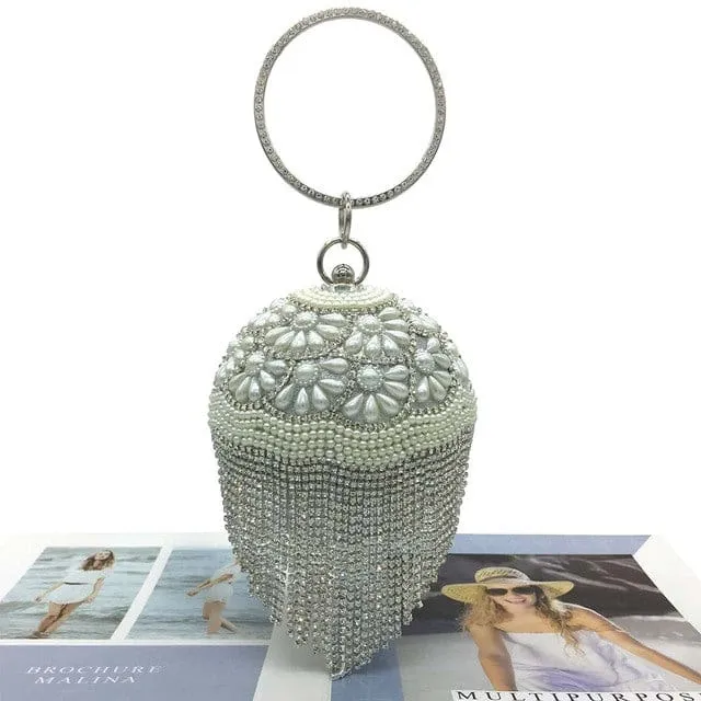 Sliver Diamonds Rhinestone Round Ball Mini Tassels Party Bags For Women