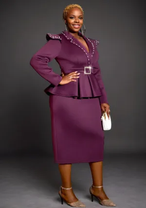 Sophisticated Peplum Belted Midi Dress with Rhinestone-Embellished Collar