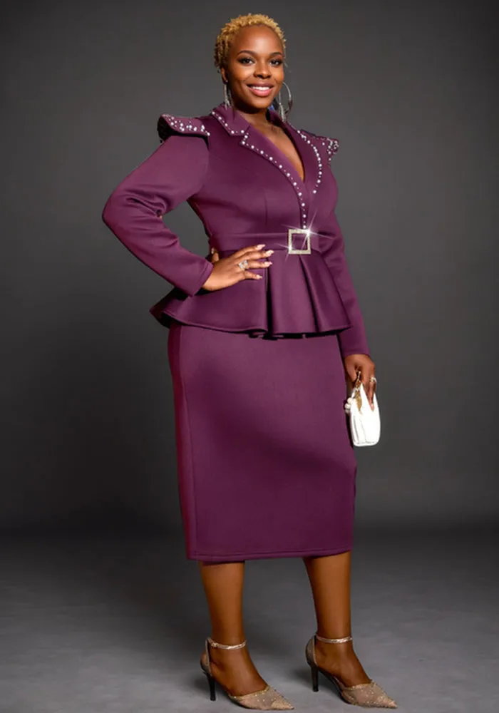 Sophisticated Peplum Belted Midi Dress with Rhinestone-Embellished Collar