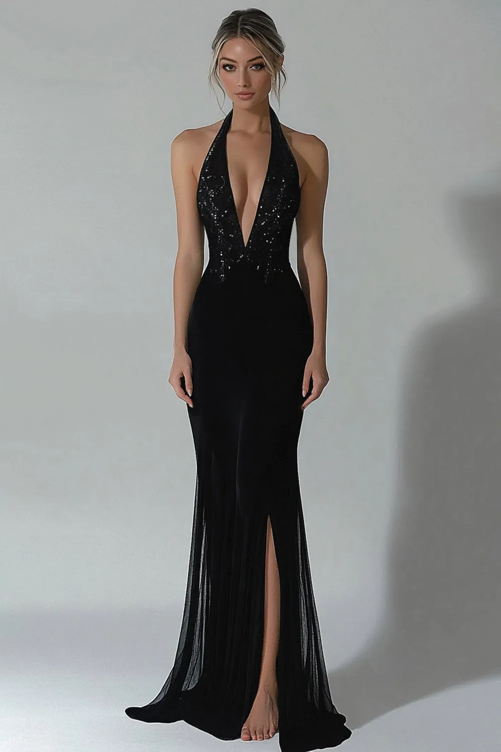 Sparkly Black Sheath V-Neck Long Formal Dress with Lace