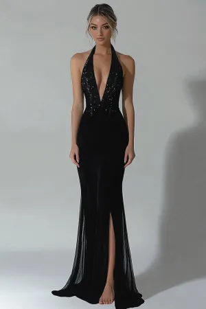 Sparkly Black Sheath V-Neck Long Formal Dress with Lace