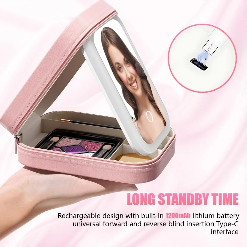 StitchesandTweed Travel Makeup Case with LED Light Up Mirror - Misty Rose