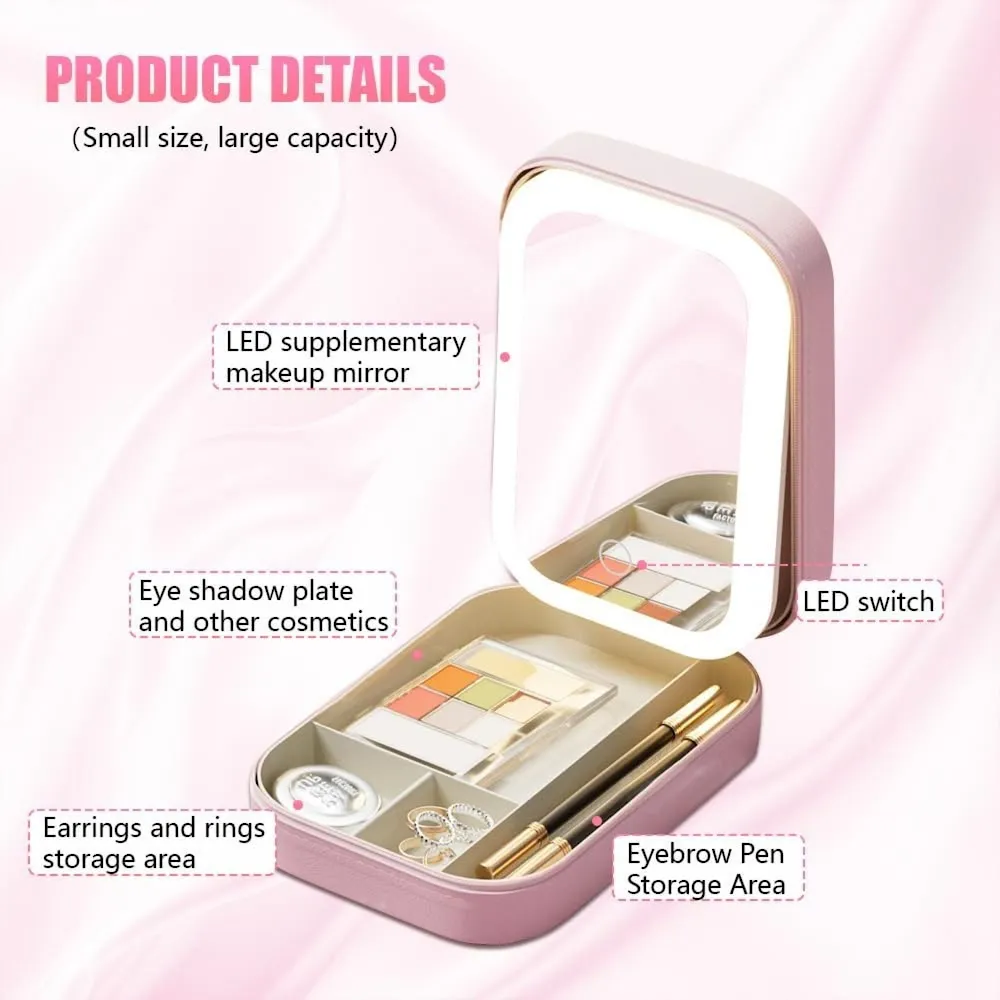 StitchesandTweed Travel Makeup Case with LED Light Up Mirror - Misty Rose