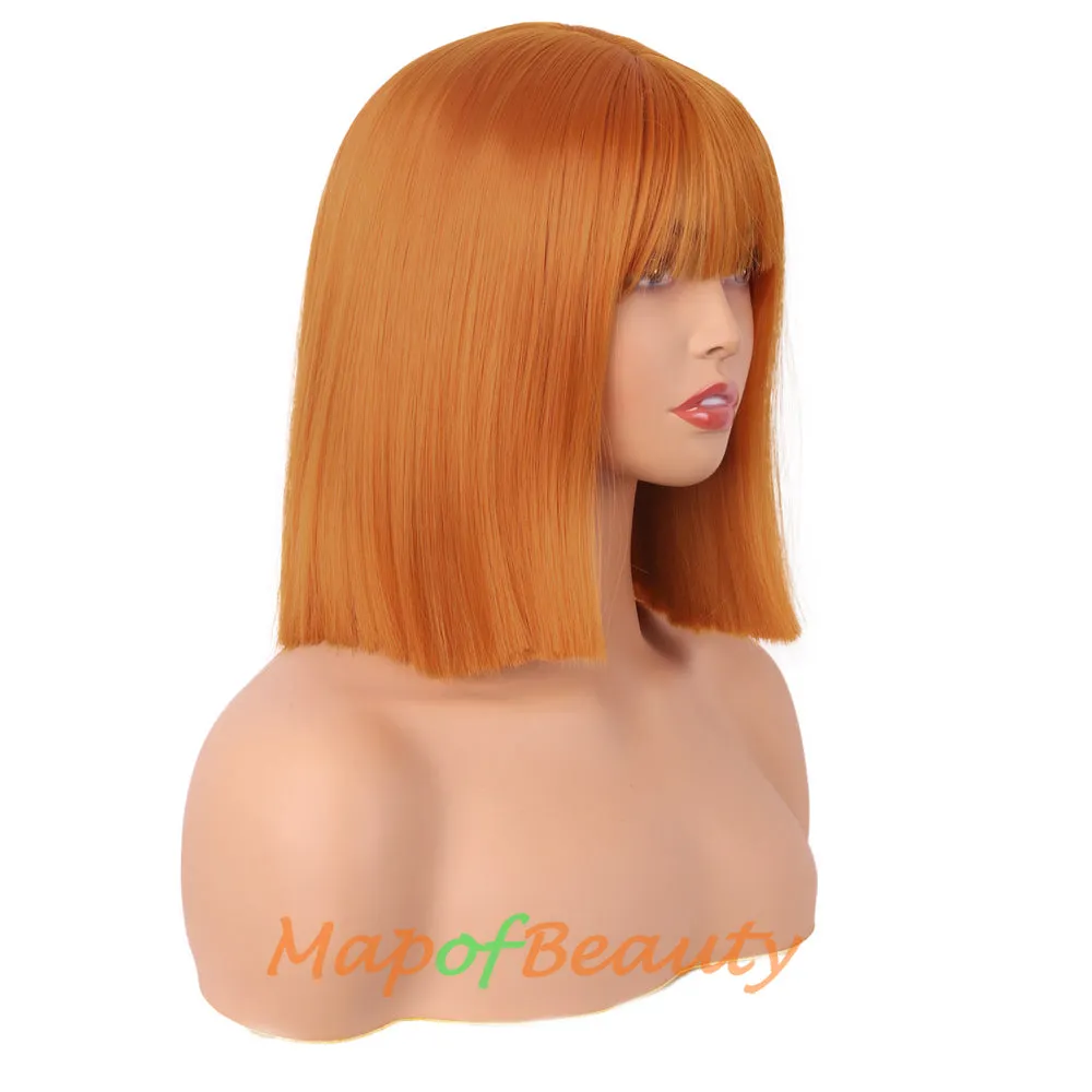 Straight Bob Wig With Flat Bangs Short Colorful Synthetic Hair For Cosplay Party