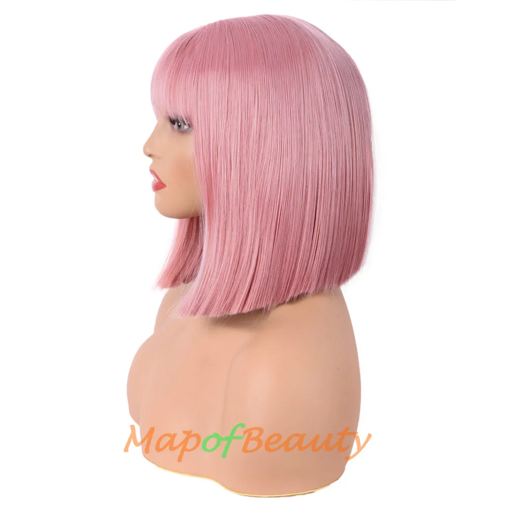 Straight Bob Wig With Flat Bangs Short Colorful Synthetic Hair For Cosplay Party