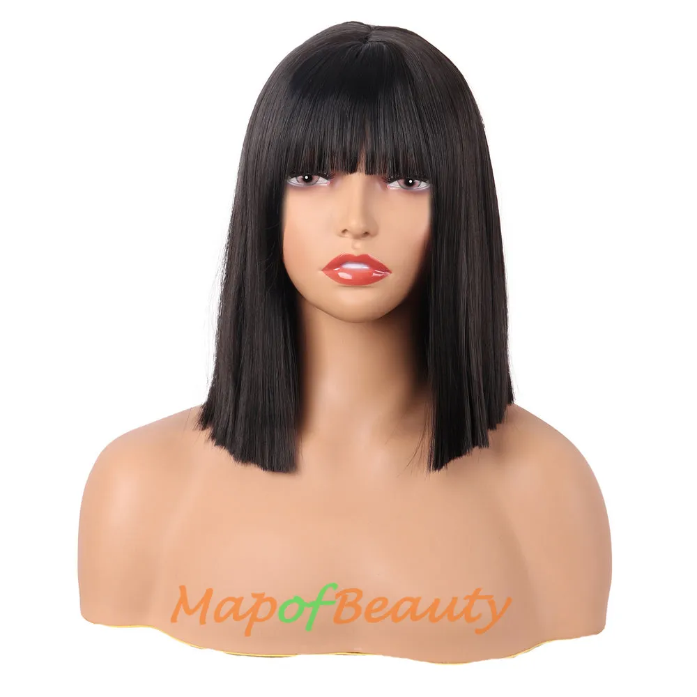 Straight Bob Wig With Flat Bangs Short Colorful Synthetic Hair For Cosplay Party