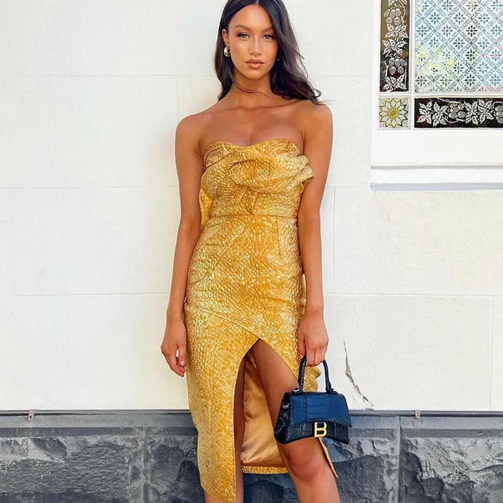 Strapless Sleeveless Frill Midi Bodycon Dress