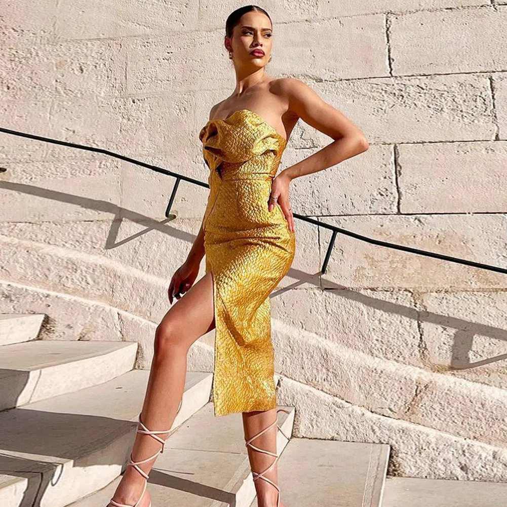Strapless Sleeveless Frill Midi Bodycon Dress