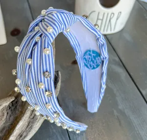 Sydney Striped Blue White Spring Pearl Rhinestone Headband.