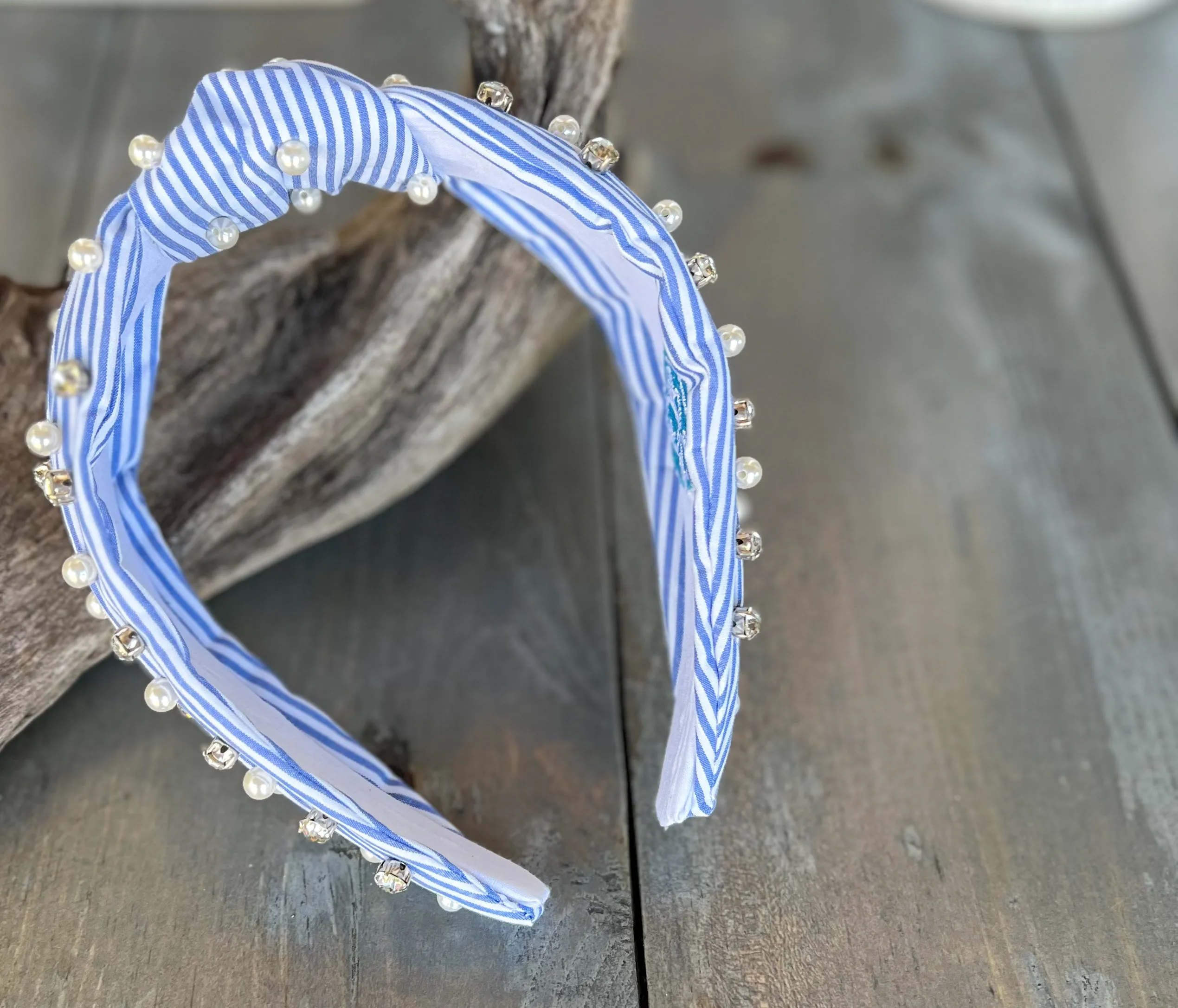 Sydney Striped Blue White Spring Pearl Rhinestone Headband.
