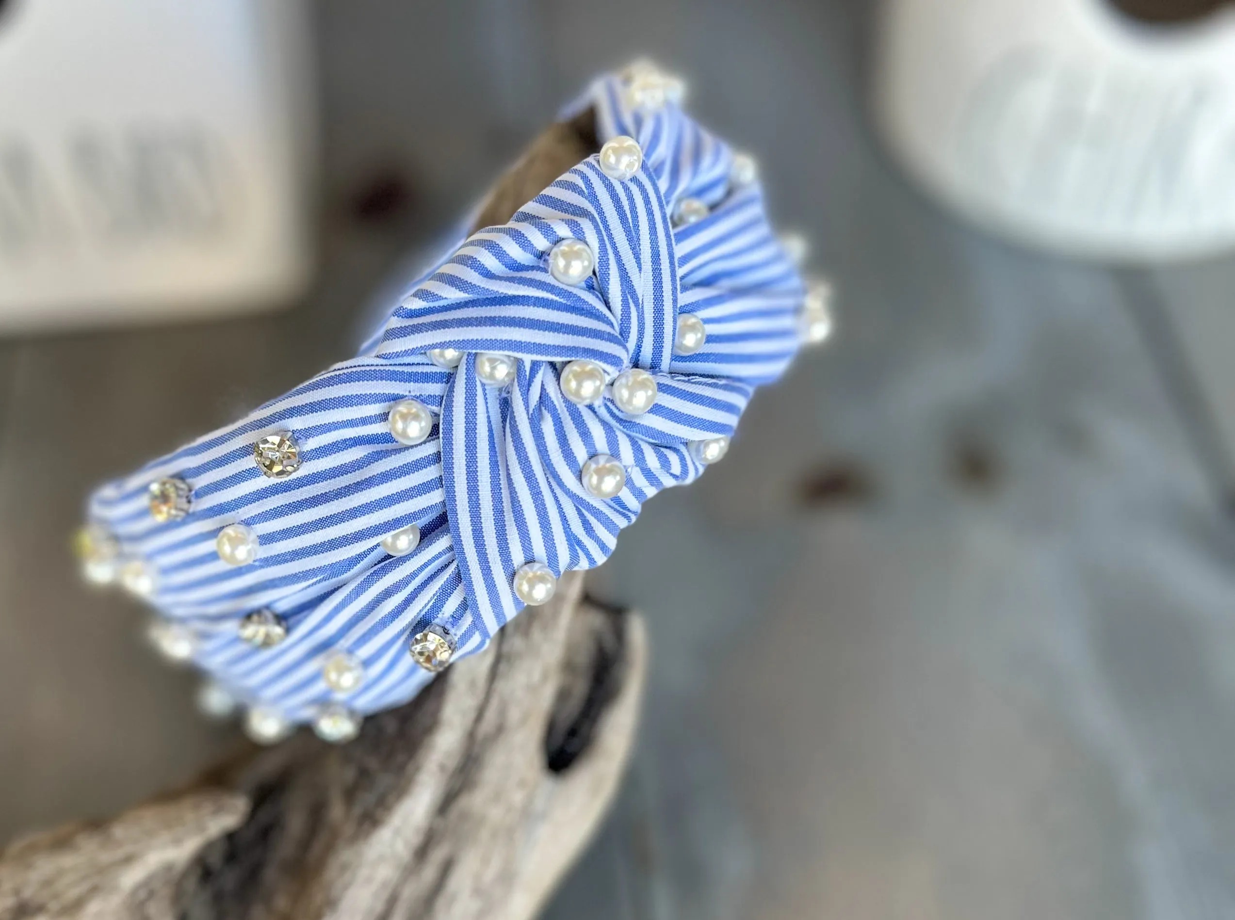 Sydney Striped Blue White Spring Pearl Rhinestone Headband.